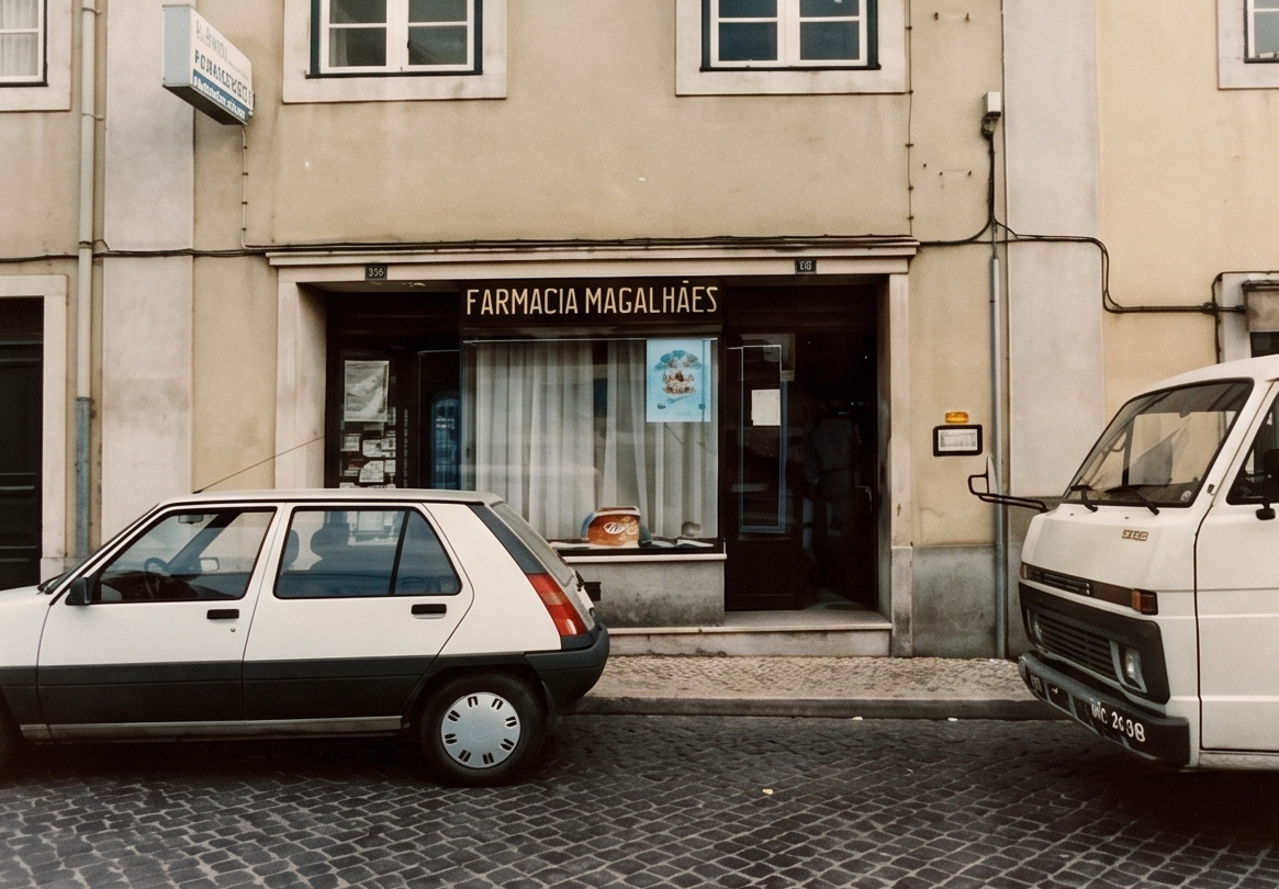 Fachada original da Farmácia Magalhães em Alcobaça na inauguração em 1958